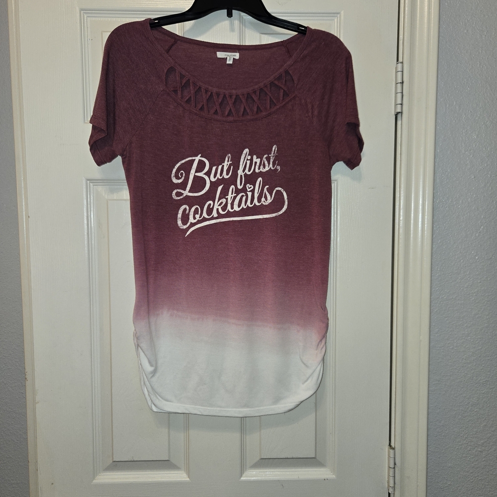 Maurices Burgundy-to-White Ombre Short Sleeve Tee with Lattice Neck
